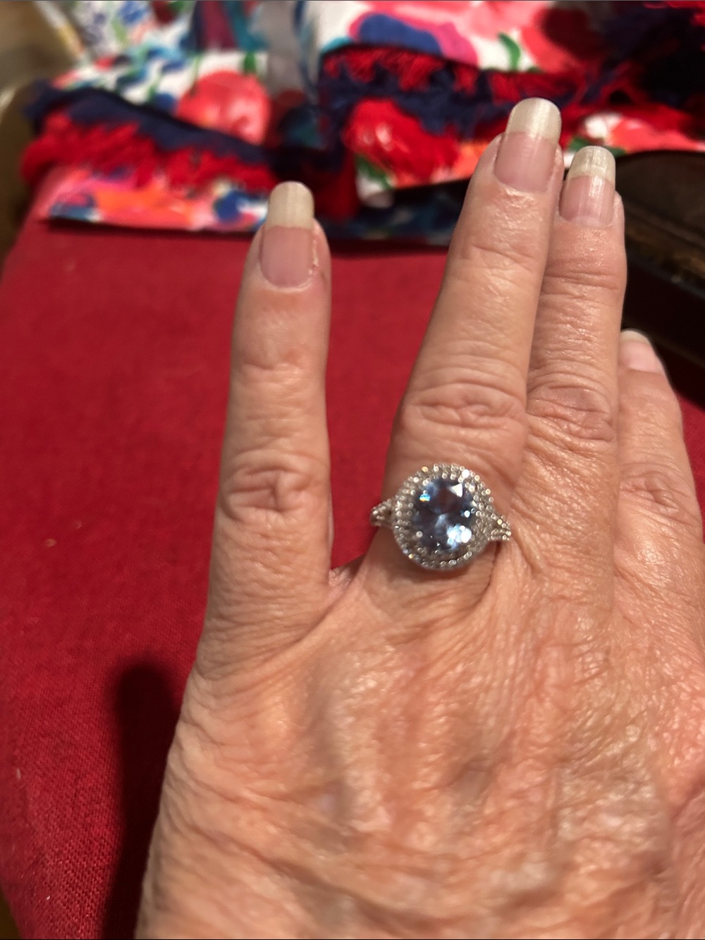 Silver Halo Ring with Light Blue Gemstone/Aquamarine
